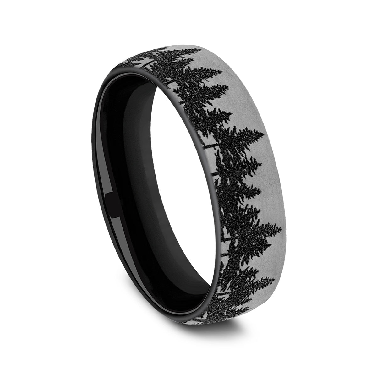 Men's 6.5mm Tree Line Wedding Ring in Black Titanium front view