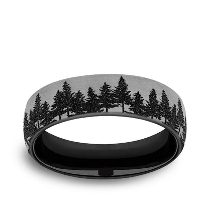 Men's 6.5mm Tree Line Wedding Ring in Black Titanium