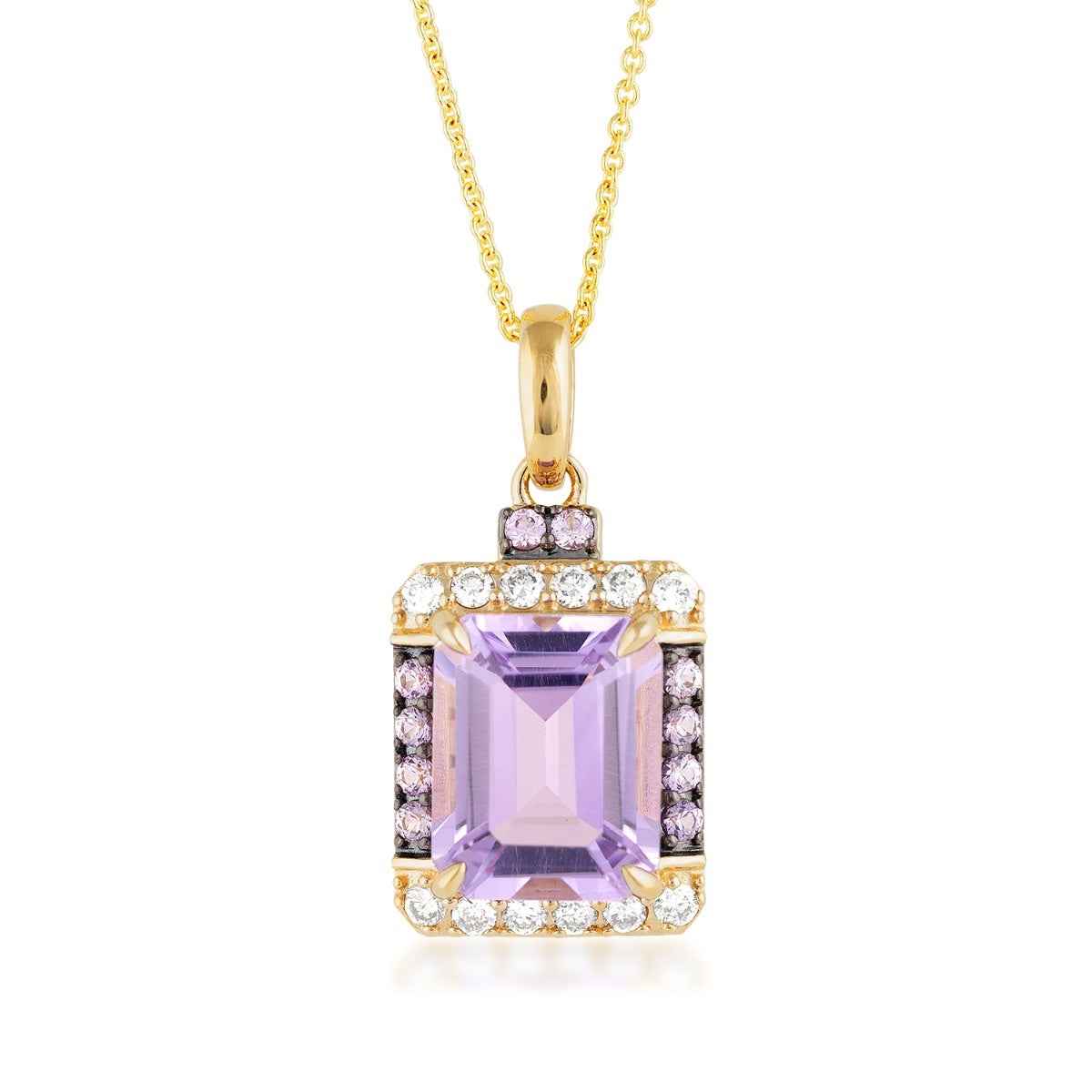 Le Vian Emerald Cut Grape Amethyst & Pink Sapphire & 1/5 ct. tw. Nude Diamond Halo Pendant in 14K Honey Gold