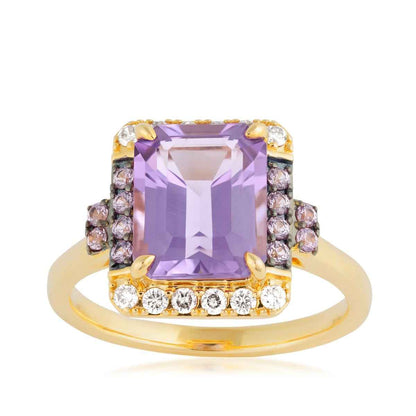 Le Vian Emerald Cut Grape Amethyst & Pink Sapphire & 1/5 ct. tw. Nude Diamond Halo Ring in 14K Honey Gold