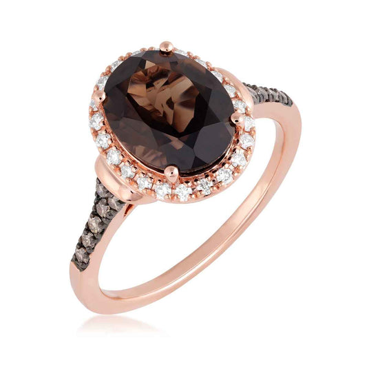 Le Vian Oval Chocolate Quartz & 1/4 ct. tw. Vanilla & Chocolate Diamond Halo Ring in 14K Strawberry Gold front view