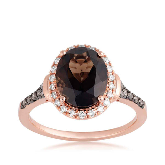 Le Vian Oval Chocolate Quartz & 1/4 ct. tw. Vanilla & Chocolate Diamond Halo Ring in 14K Strawberry Gold