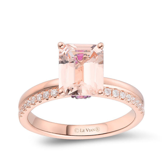 Le Vian Emerald Cut Morganite & 1/7 ct. tw. Vanilla Diamond & Pink Sapphire Accent Ring in 14K Strawberry Gold