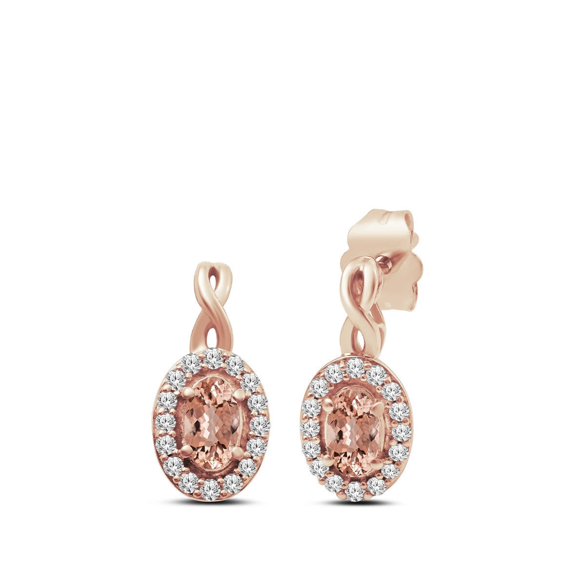 Infinite Love Oval Morganite & 1/6 ct. tw. Diamond Halo Dangle Earrings in 10K Pink Gold