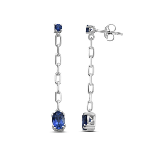 Created Oval & Round Sapphire Paperclip Dangle Earrings in Sterling Silver