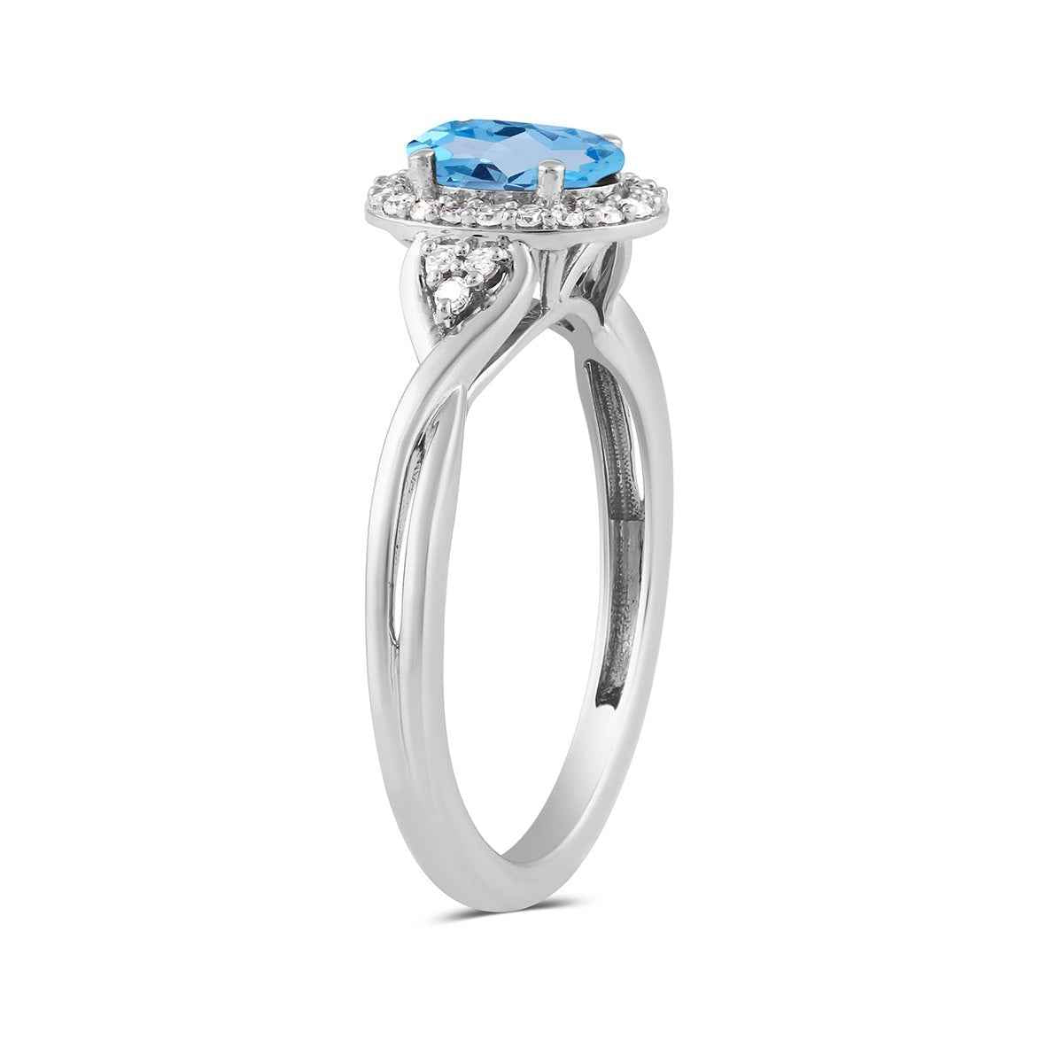 Infinite Love Oval Swiss Blue Topaz & 1/8 ct. tw. Diamond Halo Ring in 10K White Gold front view