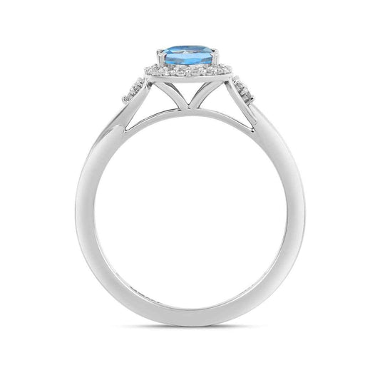 Infinite Love Oval Swiss Blue Topaz & 1/8 ct. tw. Diamond Halo Ring in 10K White Gold close-up detail