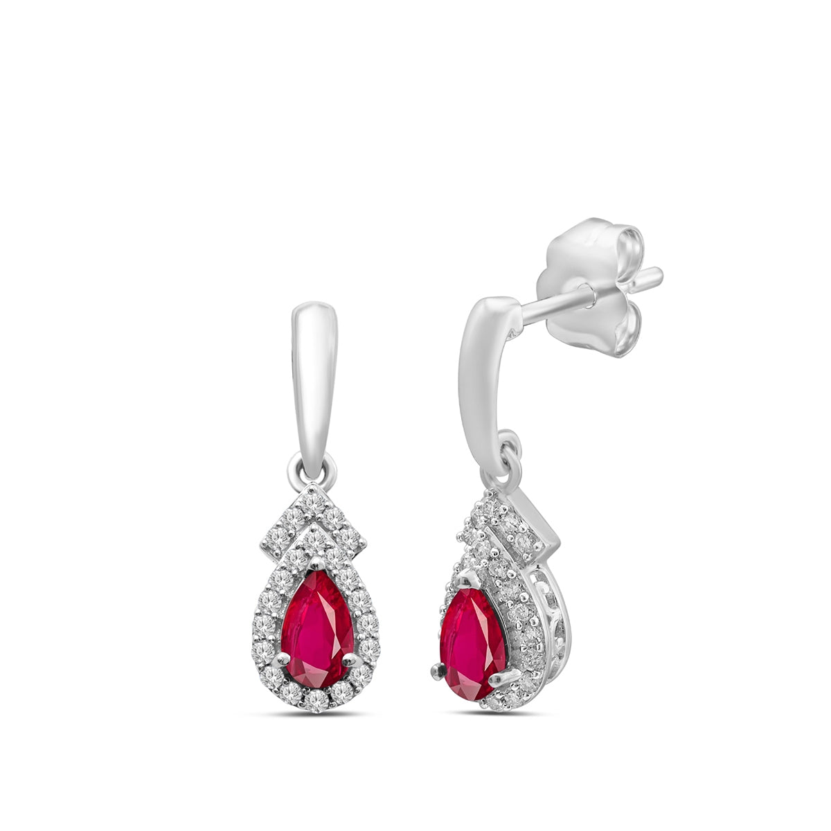 Pear Ruby & 1/6 ct. tw. Diamond Halo Dangle Earrings in 10K White Gold