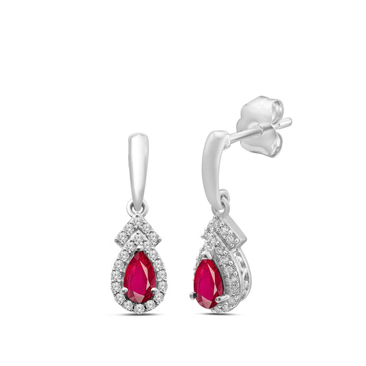 Pear Ruby & 1/6 ct. tw. Diamond Halo Dangle Earrings in 10K White Gold