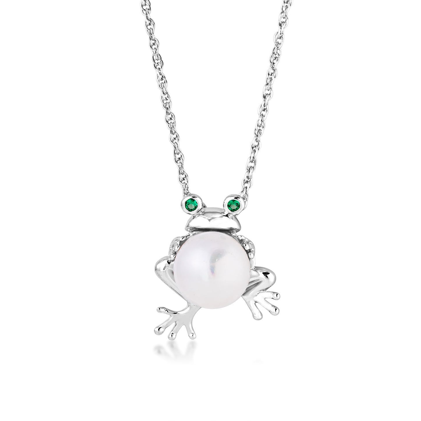 Freshwater Pearl Frog Pendant with Green CZ Eyes in Sterling Silver