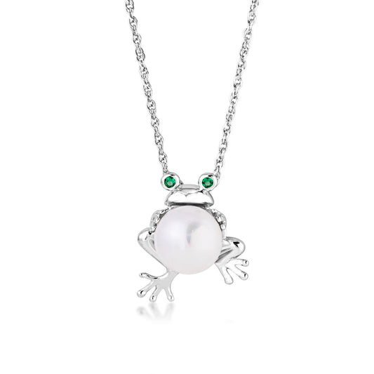 Freshwater Pearl Frog Pendant with Green CZ Eyes in Sterling Silver