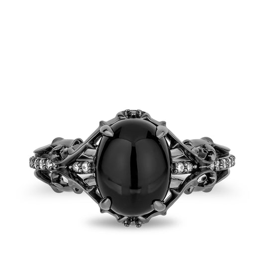 Enchanted Disney Villain Oval Black Onyx & 1/10 ct. tw. Diamond Ring in Gray Sterling Silver close-up detail