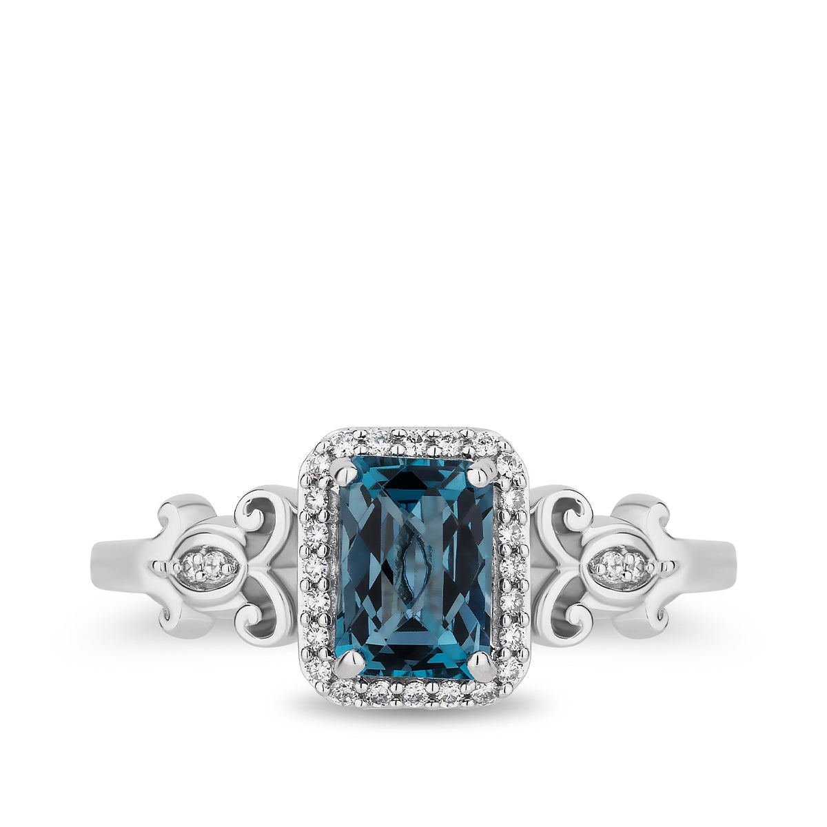 Enchanted Disney Cinderella Cushion Blue Topaz & 1/10 ct. tw. Diamond Halo Ring in Sterling Silver close-up detail