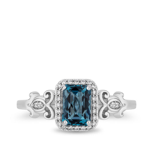 Enchanted Disney Cinderella Cushion Blue Topaz & 1/10 ct. tw. Diamond Halo Ring in Sterling Silver close-up detail