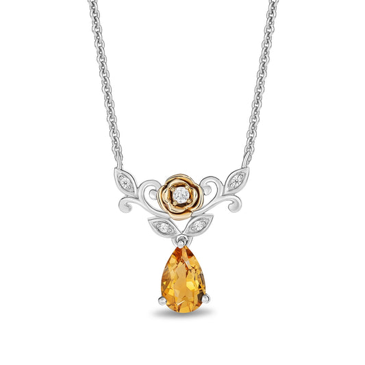 Enchanted Disney Belle Pear Citrine & Diamond Accent Necklace in Sterling Silver & 10K Yellow Gold