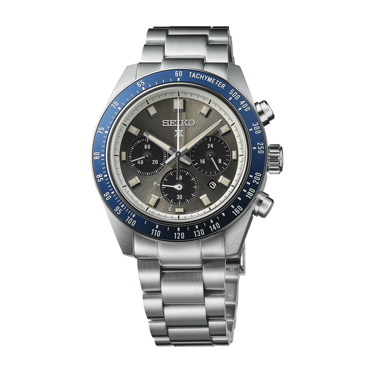 Seiko Prospex Speedtimer solar chronograph with grey dial, stainless steel bracelet and navy blue tachymeter bezel