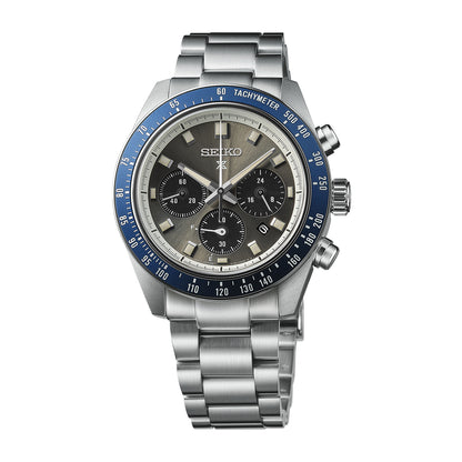 Seiko Prospex Speedtimer solar chronograph with grey dial, stainless steel bracelet and navy blue tachymeter bezel