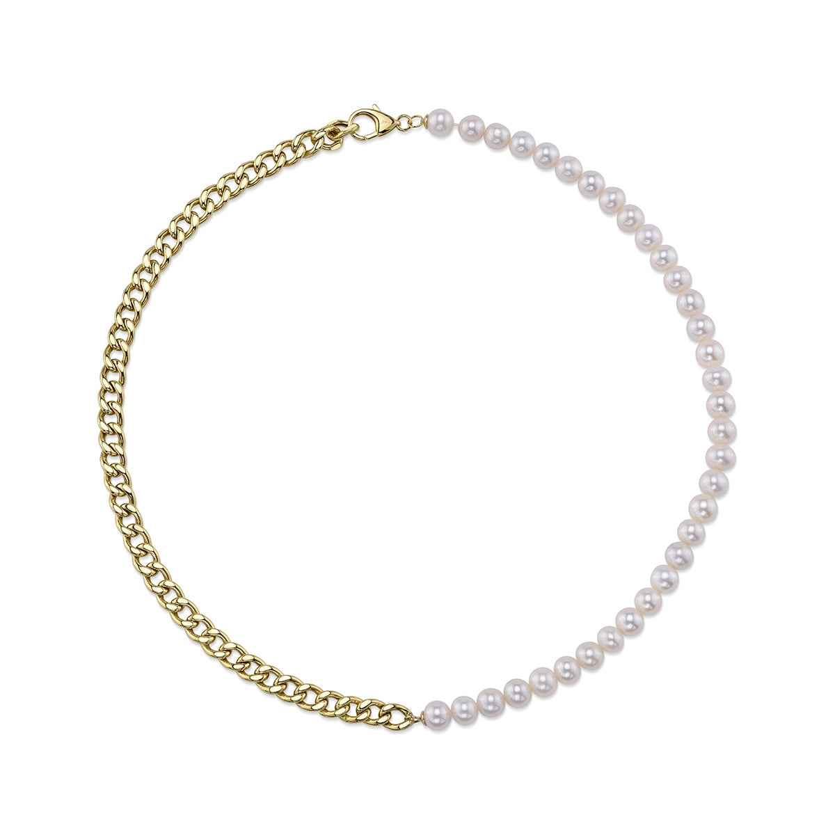 Shy Creation Cultured Pearl Split Cuban Chain Necklace in 14K Yellow Gold
