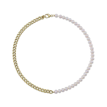 Shy Creation Cultured Pearl Split Cuban Chain Necklace in 14K Yellow Gold