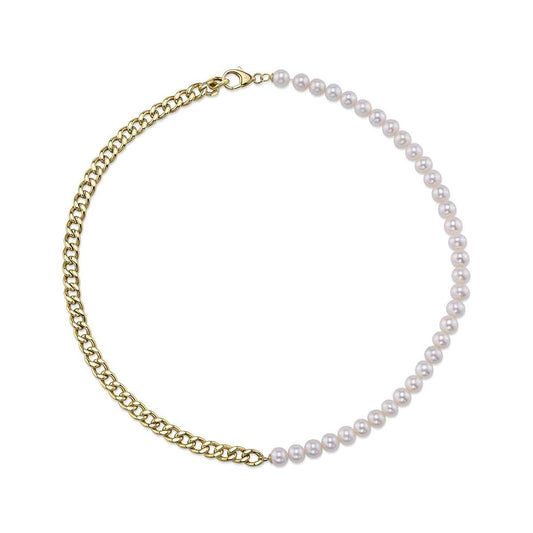 Shy Creation Cultured Pearl Split Cuban Chain Necklace in 14K Yellow Gold