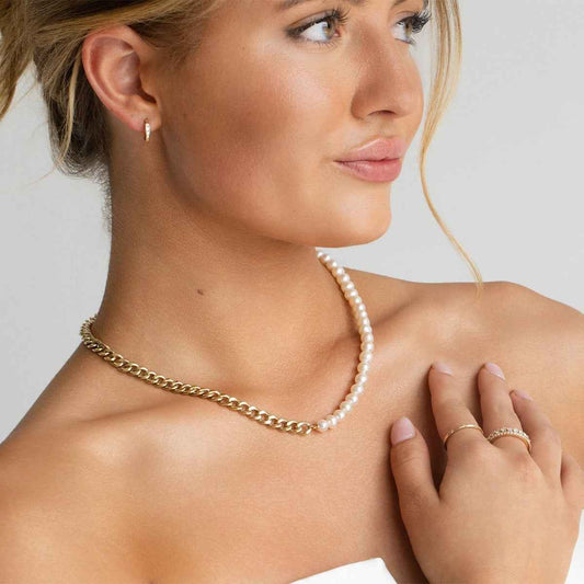 Shy Creation Cultured Pearl Split Cuban Chain Necklace in 14K Yellow Gold front view