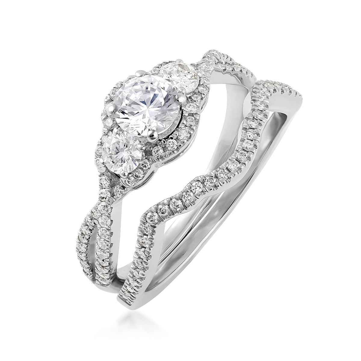 Noventa 1 ct. tw. Round Diamond 3-Stone Wedding Set in 14K White Gold close-up detail