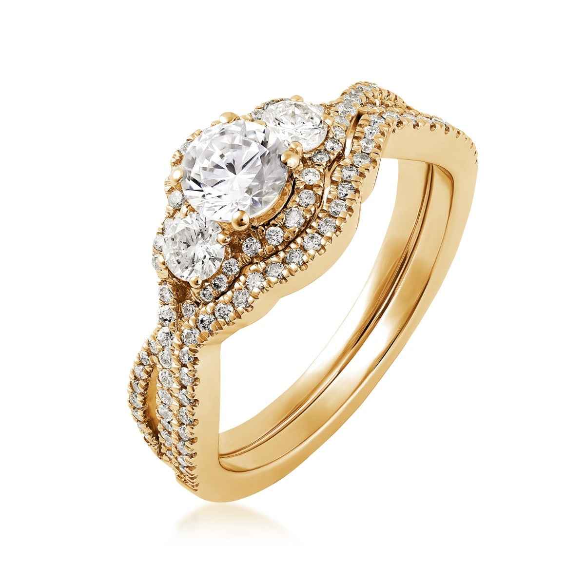 Noventa 1 ct. tw. Diamond 3-Stone Wedding Set in 14K Yellow Gold front view