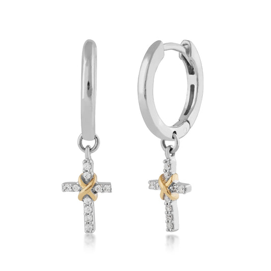 Infinite Love 1/10 ct. tw. Diamond Infinity Cross Drop Hoop Earrings in Sterling Silver & 10K Yellow Gold