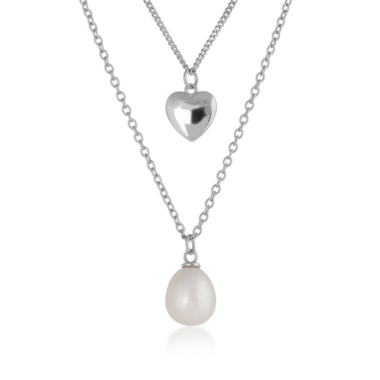Freshwater Pearl & Heart Layered Necklace in Sterling Silver