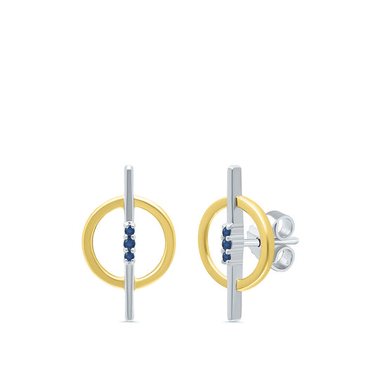 Sapphire Circle Bar Earrings in 10K White & Yellow Gold