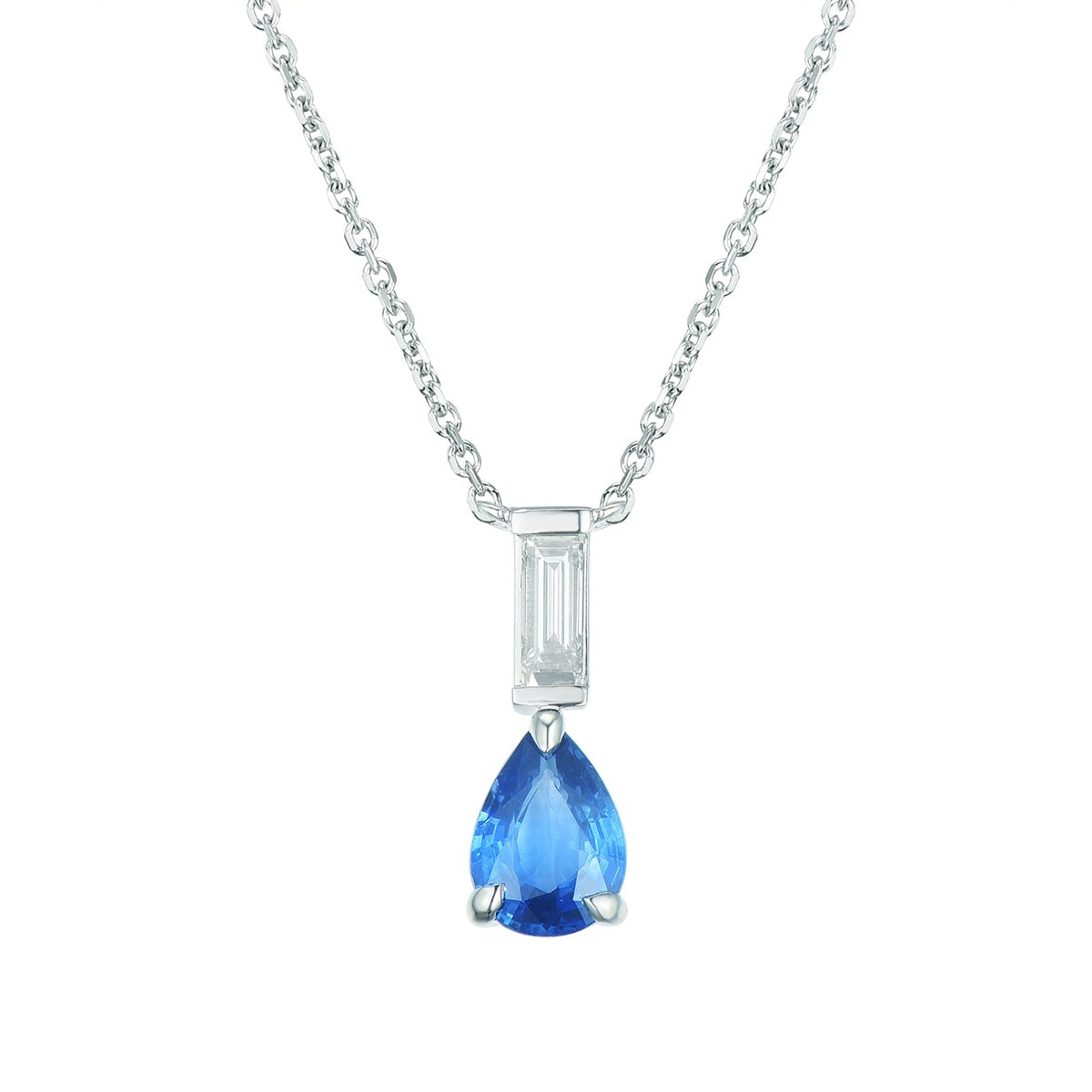 Pear Sapphire & 1/7 ct. tw. Baguette Diamond Pendant in 14K White Gold