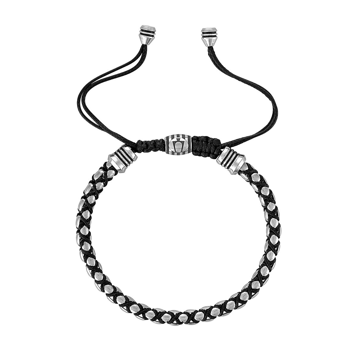Bulova Men's Black Cord Bolo Bead Bracelet in White Stainless Steel front view