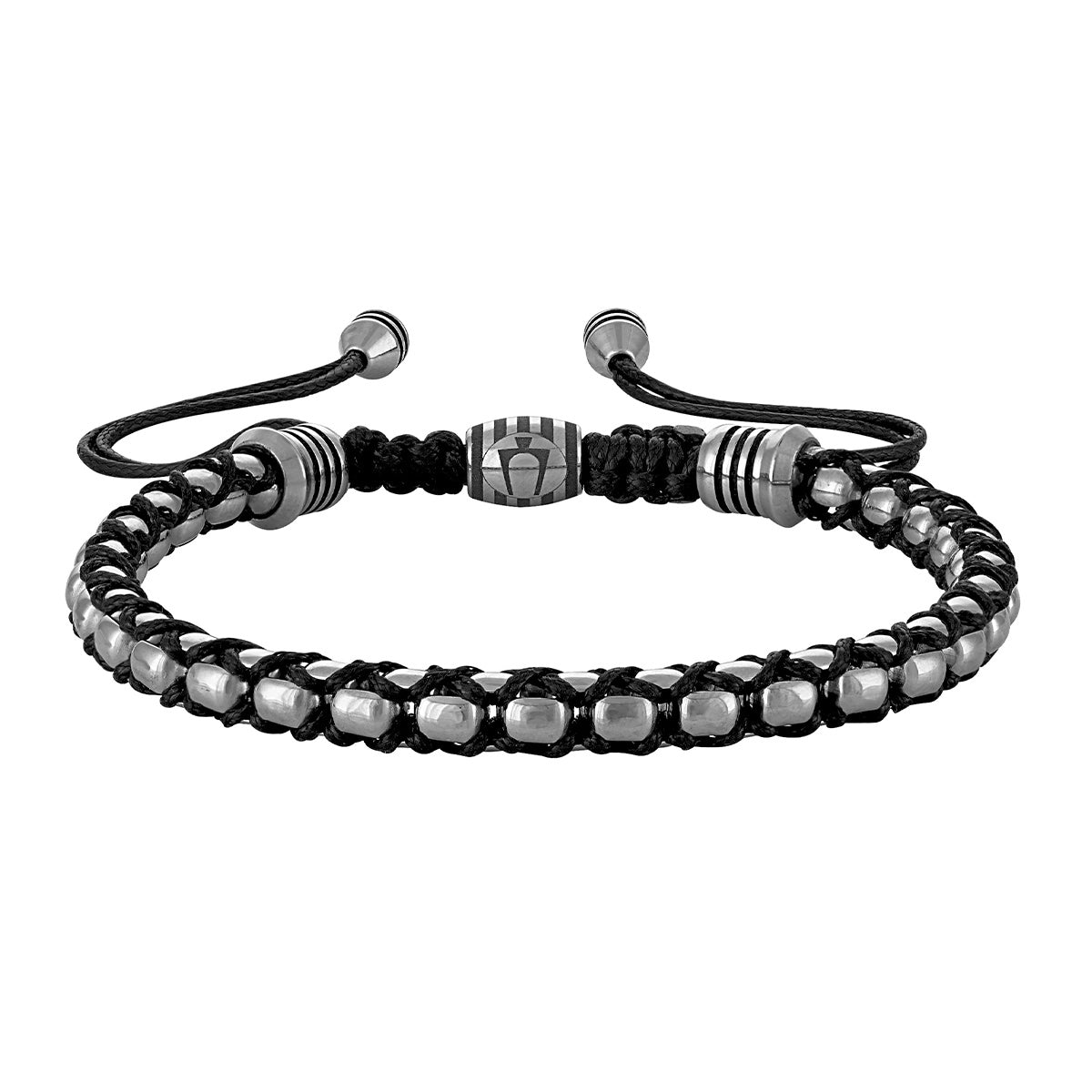Bulova Men's Black Cord Bolo Bead Bracelet in White Stainless Steel