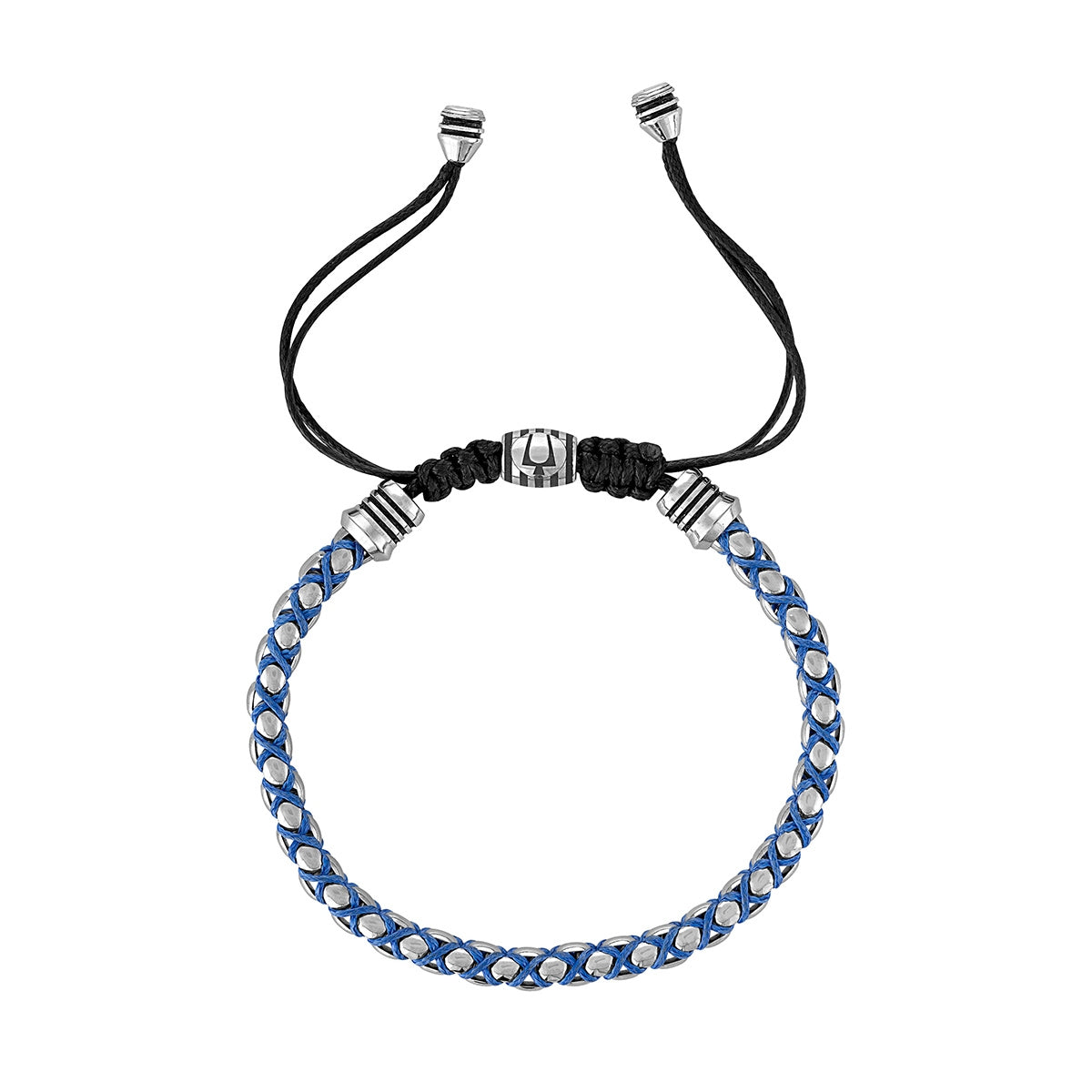 Bulova Men's Blue Cord Bead Bolo Bracelet in White Stainless Steel front view