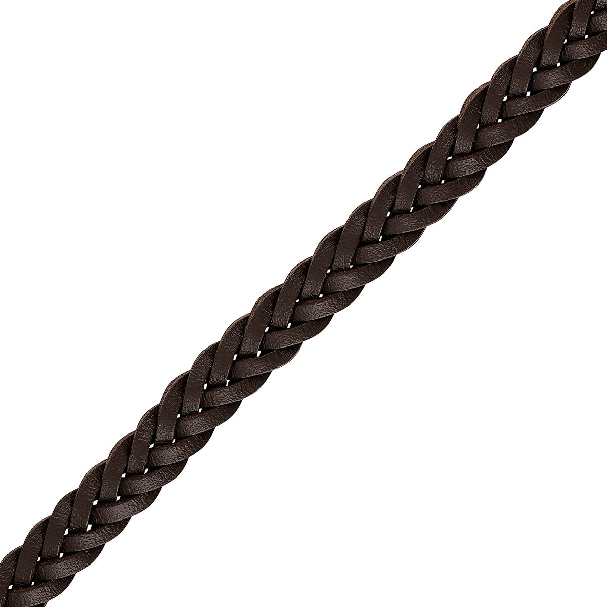 Bulova Men's Brown Leather 8-inch Braid Bracelet in Brown Ion Plated Stainless Steel front view