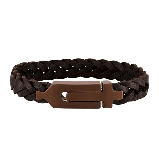Bulova Men's Brown Leather 8-inch Braid Bracelet in Brown Ion Plated Stainless Steel