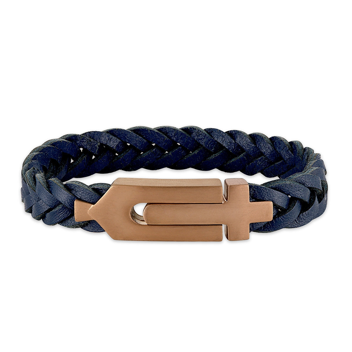 Bulova Men's Blue Leather 8-inch Braid Bracelet in Pink Gold-Tone Ion Plated Stainless Steel