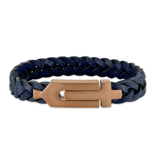 Bulova Men's Blue Leather 8-inch Braid Bracelet in Pink Gold-Tone Ion Plated Stainless Steel