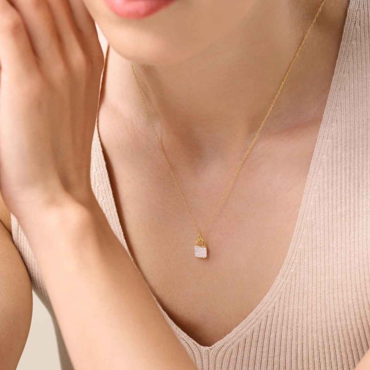 M by Monte Luna 1/5 ct. tw. Lab-Grown Diamond Pave Lock Pendant in 14K Yellow Gold Plated Sterling Silver front view
