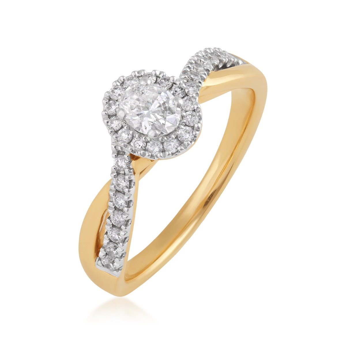 True Promise 1/2 ct. tw. Oval Diamond Halo Twist Engagement Ring in 14K Yellow & White Gold front view