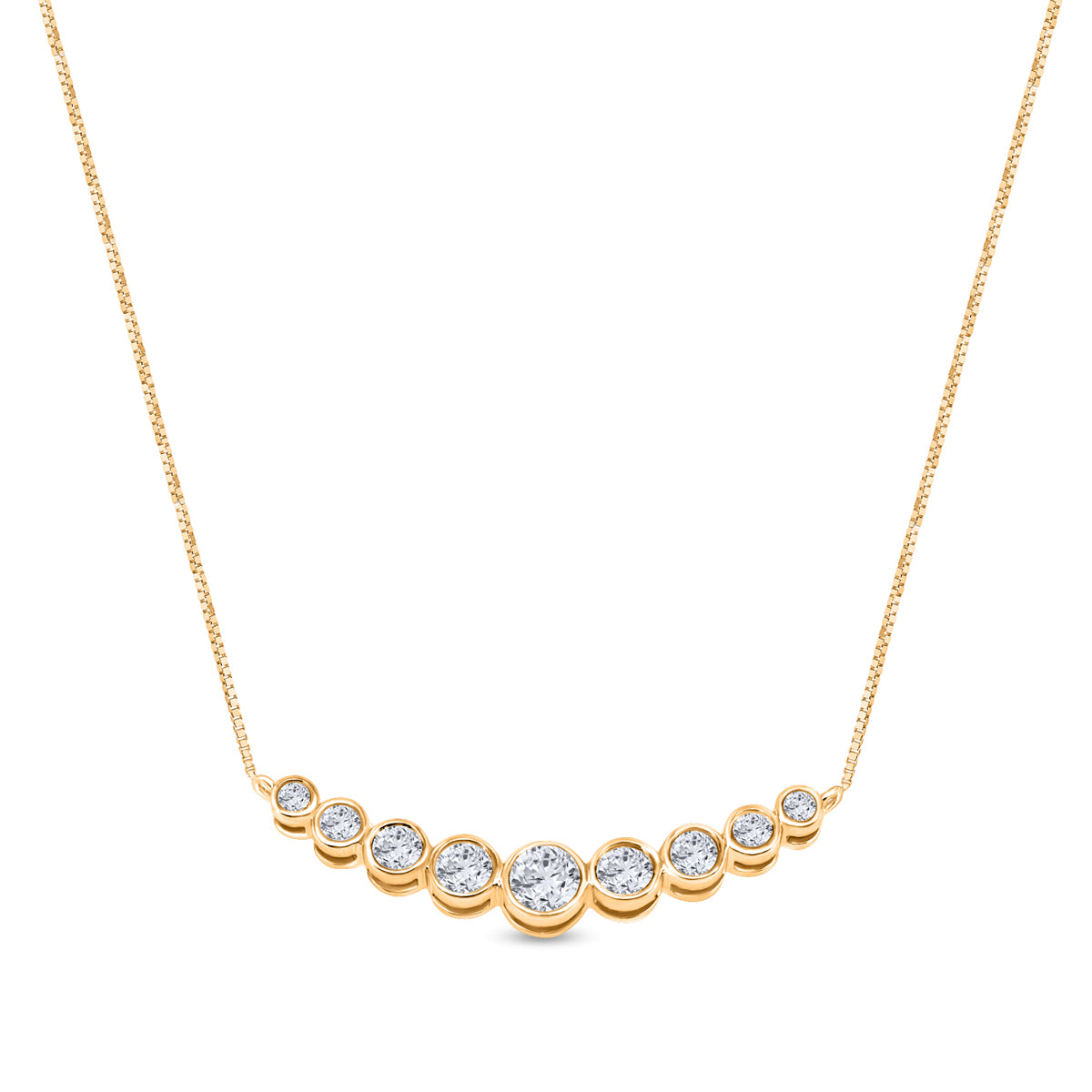 Yellow gold graduated diamond bezel set curved bar necklace