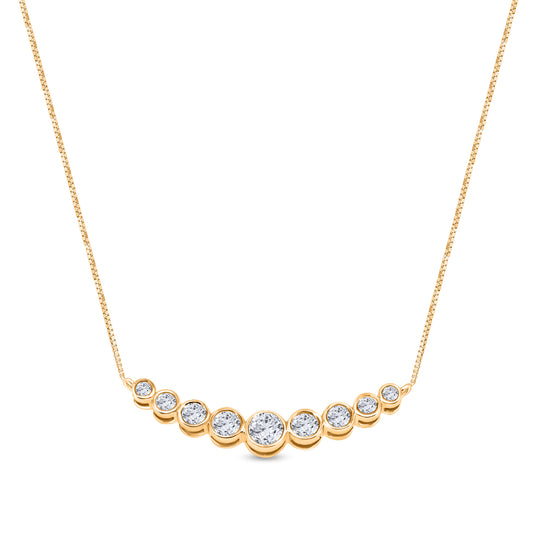 Yellow gold graduated diamond bezel set curved bar necklace