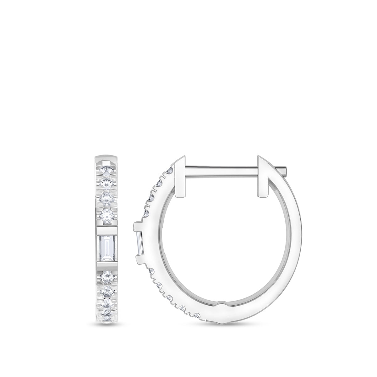 1/10 ct. tw. Baguette & Round Diamond Huggie Hoop Earrings in 10K White Gold