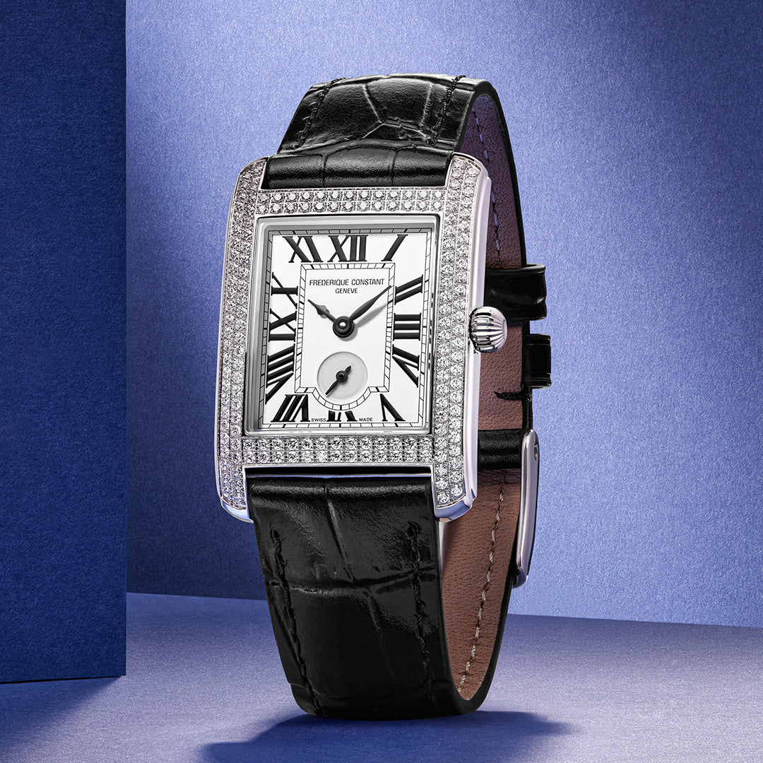 Frederique Constant diamond square watch with leather strap styled