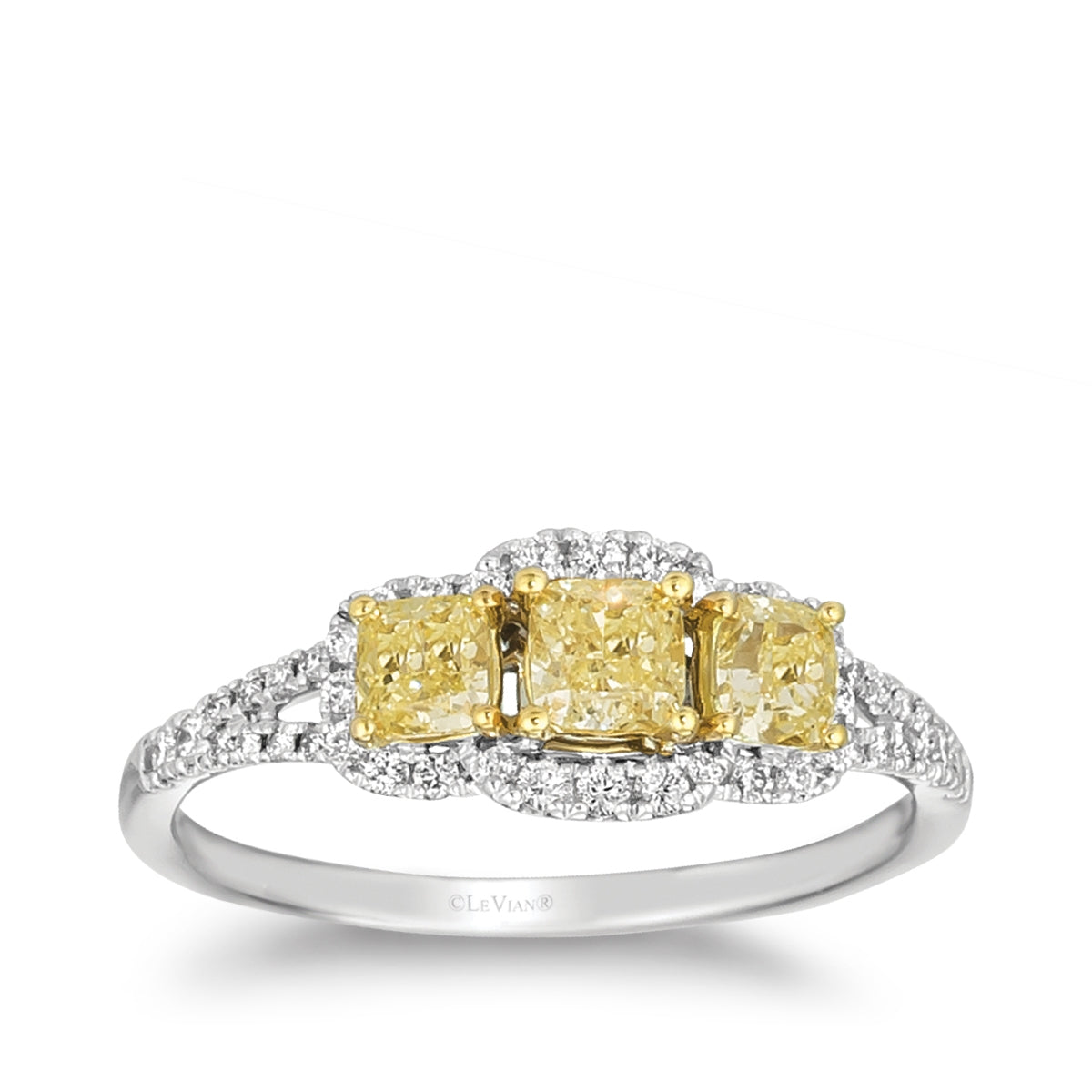 Le Vian 7/8 ct. tw. Cushion Sunny Yellow & Vanilla Diamond 3-Stone Halo Split Shank Ring in 14K Vanilla Gold