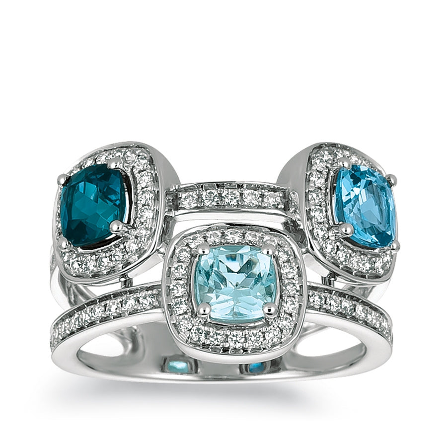 Le Vian Cushion Deep Sea Blue 3-Stone Topaz & 1/2 ct. tw. Vanilla Diamond Halo Ring in 14K Vanilla Gold