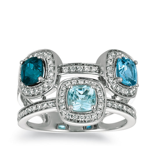 Le Vian Cushion Deep Sea Blue 3-Stone Topaz & 1/2 ct. tw. Vanilla Diamond Halo Ring in 14K Vanilla Gold