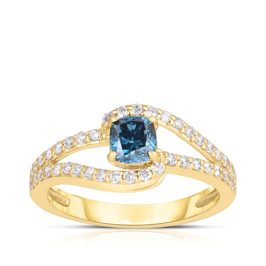 7/8 ct. tw. Cushion Treated Blue Diamond Ring in 14K Yellow Gold
