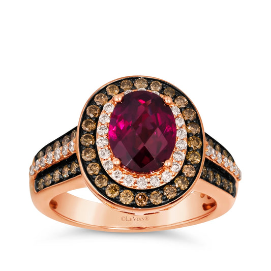 Le Vian Oval Rhodolite Garnet & 7/8 ct. tw. Chocolate & Nude Diamond Double Halo Ring in 14K Strawberry Gold