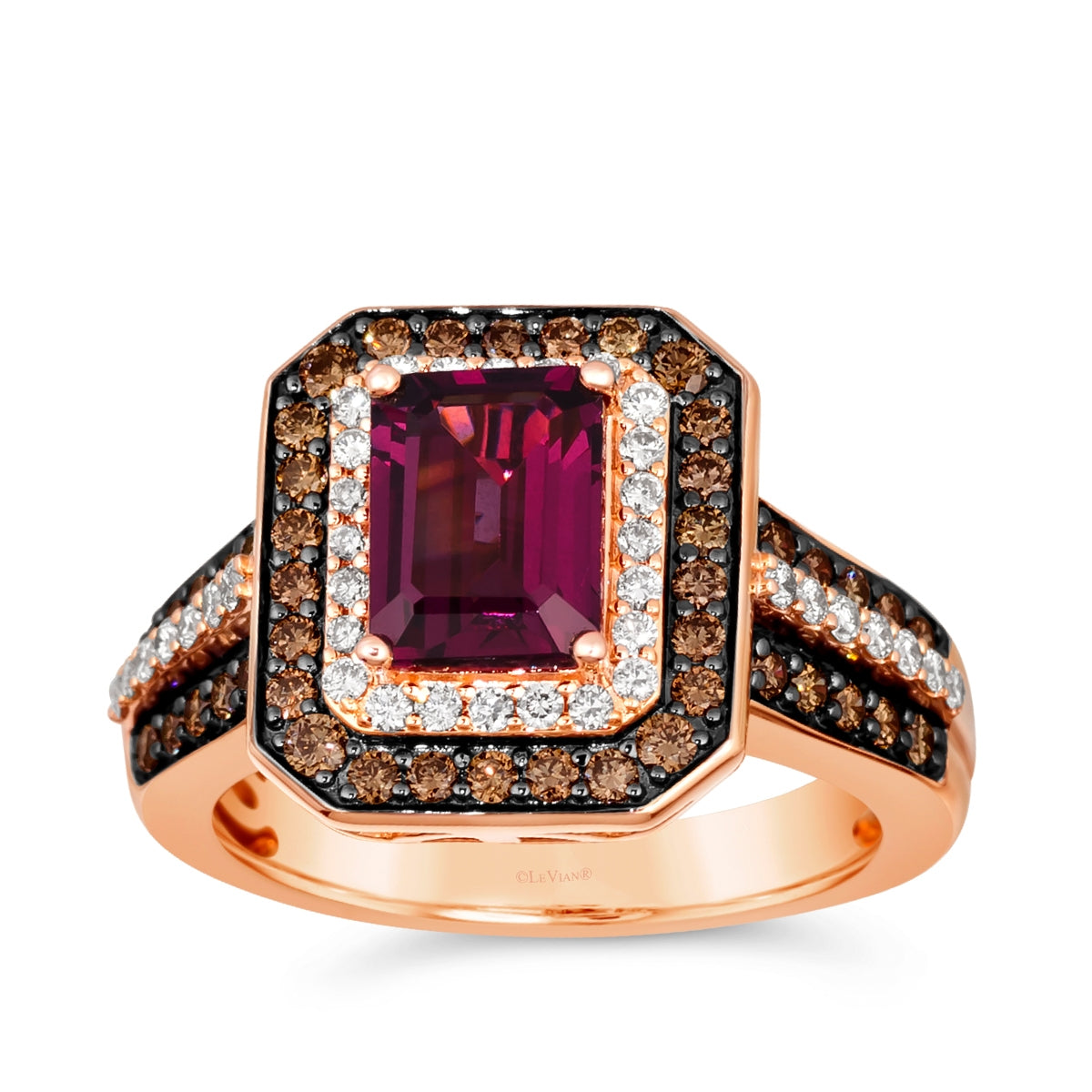 Le Vian Emerald Cut Rhodolite Garnet & 7/8 ct. tw. Chocolate & Nude Diamond Double Halo Ring in 14K Strawberry Gold